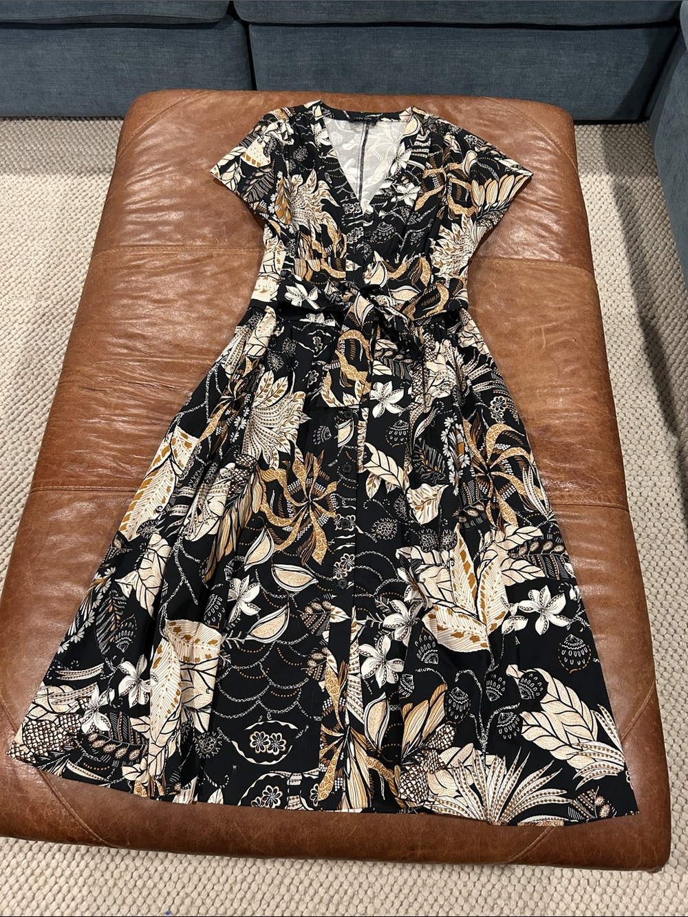 Teri Jon by Rickie Freeman Floral Wrap Midi Dress in Black and Tan